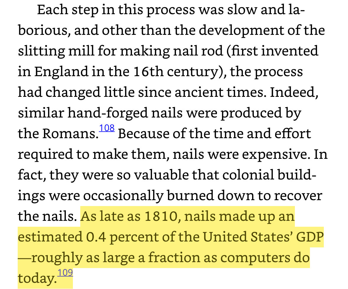 StefanFSchubert's tweet image. In 1810, humble nails were 1/250 of US GDP, about the same as computers today.