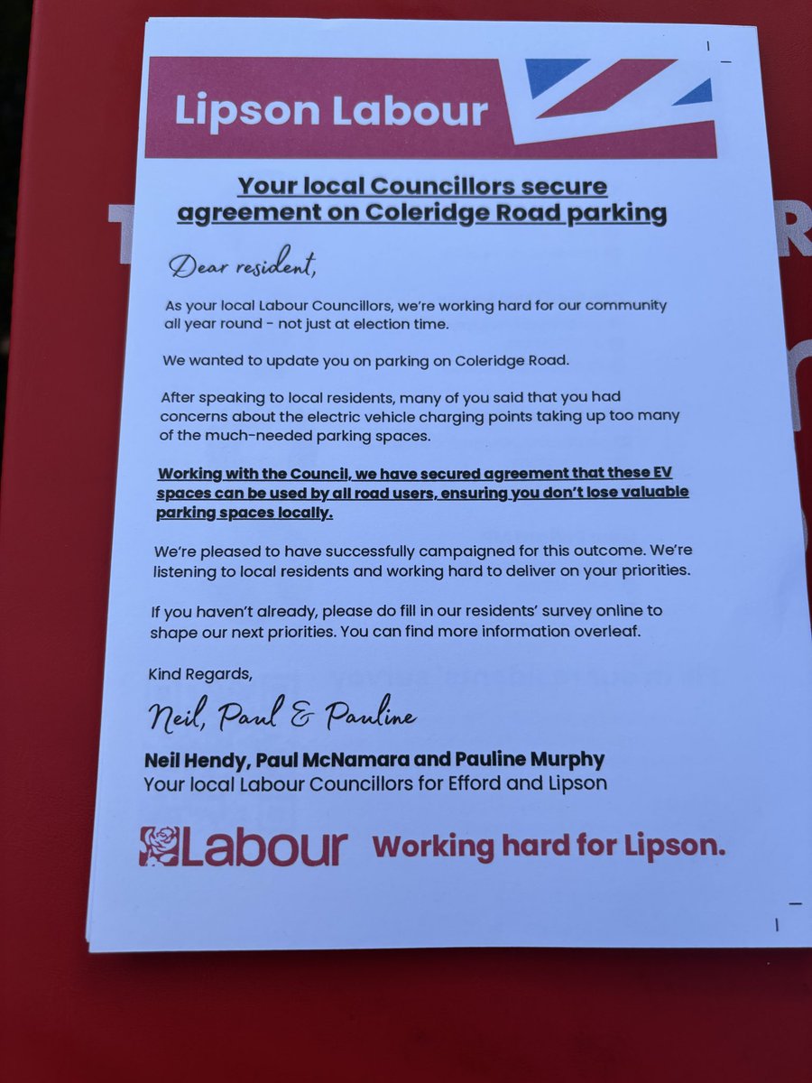 We listened to concerned Coleridge Rd residents that feared losing valuable parking spaces due to EV chargers, we have negotiated with the Council ensuring all drivers can use these spaces.
<a href="/PlymouthLabour/">Plymouth Labour</a> Councillors working in the community.