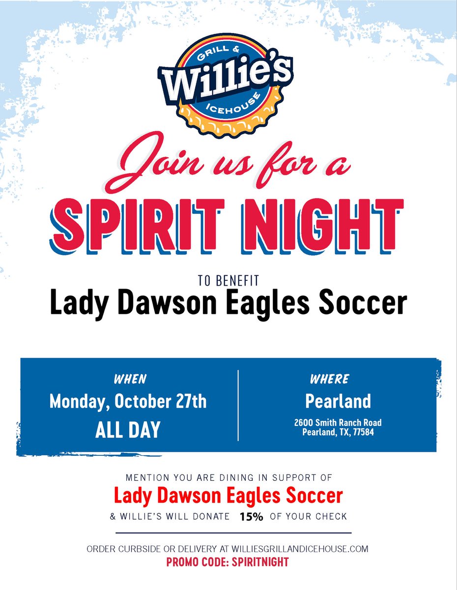 No cooking THIS Monday 10/27!! Head to Willie’s and mention Dawson Lady Eagles for dine in or carry out to help support our team!  Willie’s on Monday! We’ll see you there. <a href="/DawsonHighSchl/">Dawson Eagles</a>