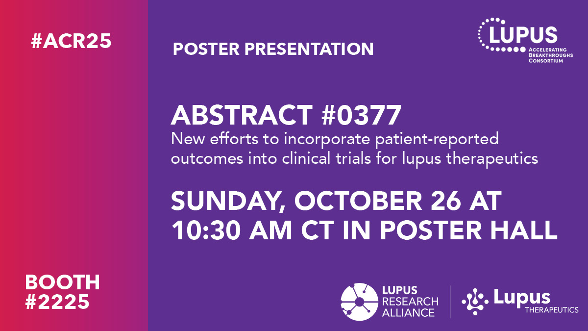 Patients’ voices matter in #lupus drug development. 

On 10/26 at 10:30 AM CT in the Poster Hall, learn how the Lupus Accelerating Breakthroughs Consortium (#Lupus ABC)—a public-private partnership convened by the Lupus Research Alliance with the FDA and the lupus community—