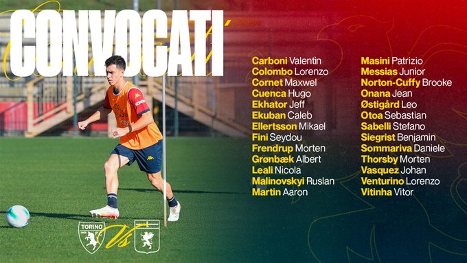 Graphic overlay on a football field image showing a player in orange kit kicking a ball, with bold red text CONVOCATI listing squad names: Carboni, Valenti, Masini Patrick, Ornona-Cuffo, Bani, Badelj, Frendrup, Messias, Leali, Vovk, Martin, Acoron, Vina, Vasquez, alongside Torino vs Genoa logos.