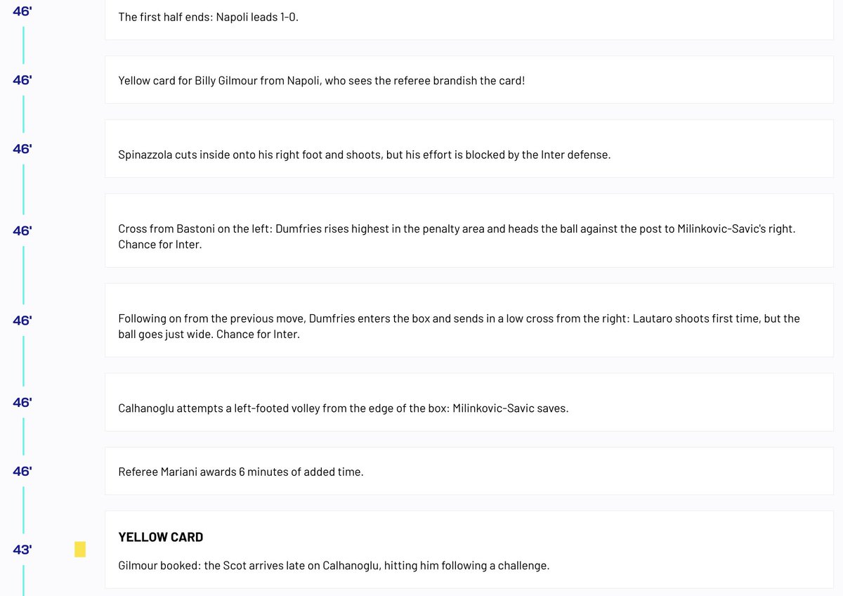 Inter_Xtra's tweet image. The official @SerieA website shows Billy Gilmour receiving a yellow card in the 43' minute and AGAIN just before the half in the 45+6' minute.
The Scottish international was not given a red card. What is going on?