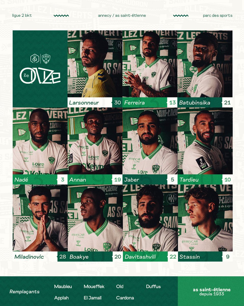 👤 Le XI stéphanois pour #FCAASSE ! 💚

Coup d’envoi dans une heure tout pile ! 👊