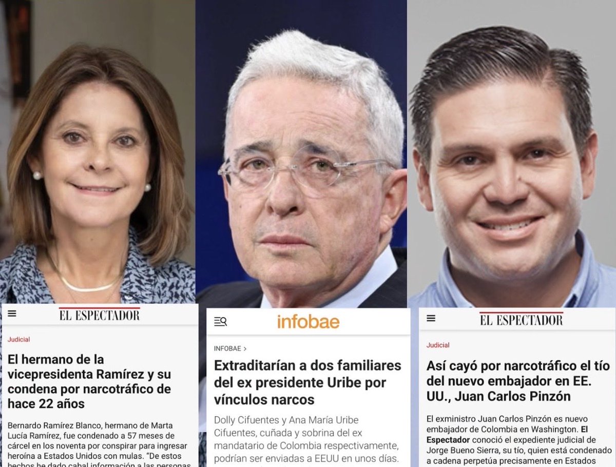 UldaricoChilito's tweet image. No conozco el primer familiar de @petrogustavo relacionado con narcotráfico, pero si de:
✅Marta Lucia Ramírez: su hermano fue condenado por narcotráfico.
✅Álvaro Uribe: sobrina prófuga por narcotráfico 
✅Juan Carlos Pinzon: tío capturado por narcotráfico.