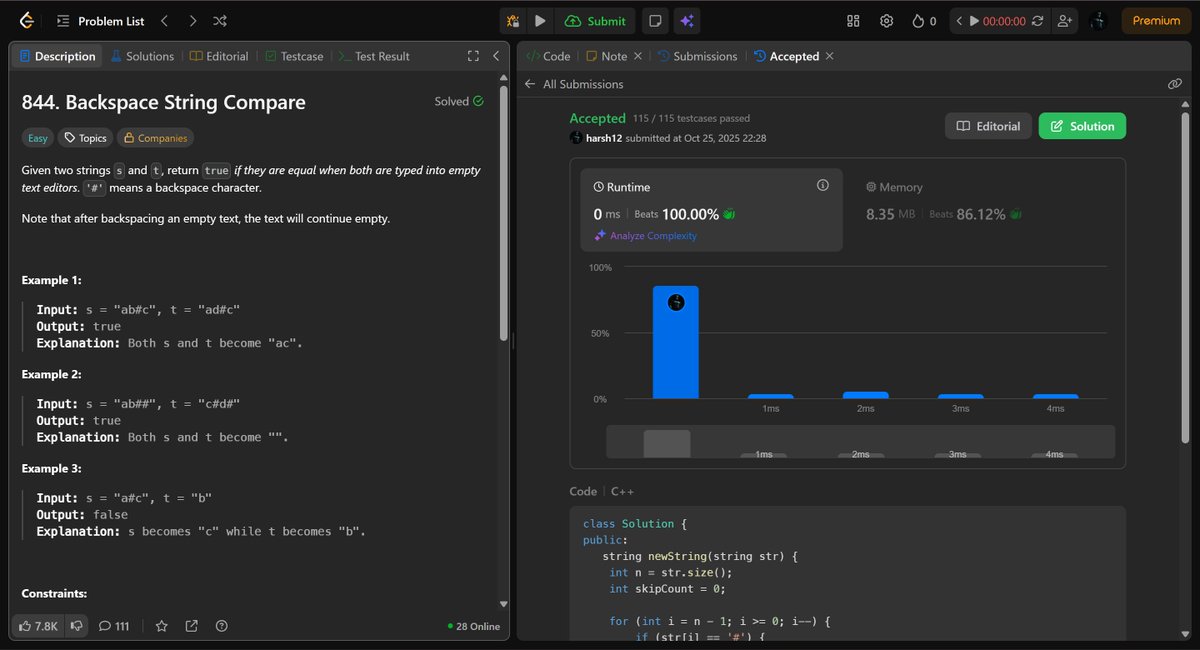 HarshChauh12662's tweet image. Day 173 of #365DaysOfCode
Solved Q844 today — a classic slow &amp; fast pointer problem. I managed to figure out the core logic, but my initial approach had a few flaws . After some careful rethinking, I finally cracked it! 
#100DaysOfCode #LeetCode  #buildinginpublic #dailylife
