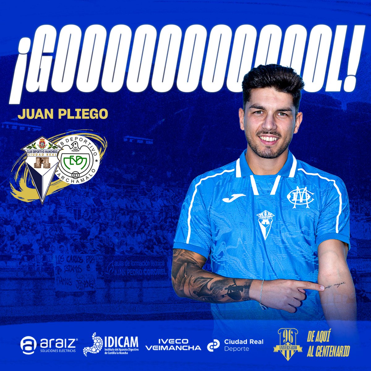 95' | Goool olímpico de Pliego que da la victoria a nuestro equipo.
+3 

<a href="/CDManchegoCReal/">Club Deportivo Manchego</a> 2️⃣
<a href="/CD_Marchamalo/">CD Marchamalo</a> 1️⃣

#AupaManchego 💙🤍