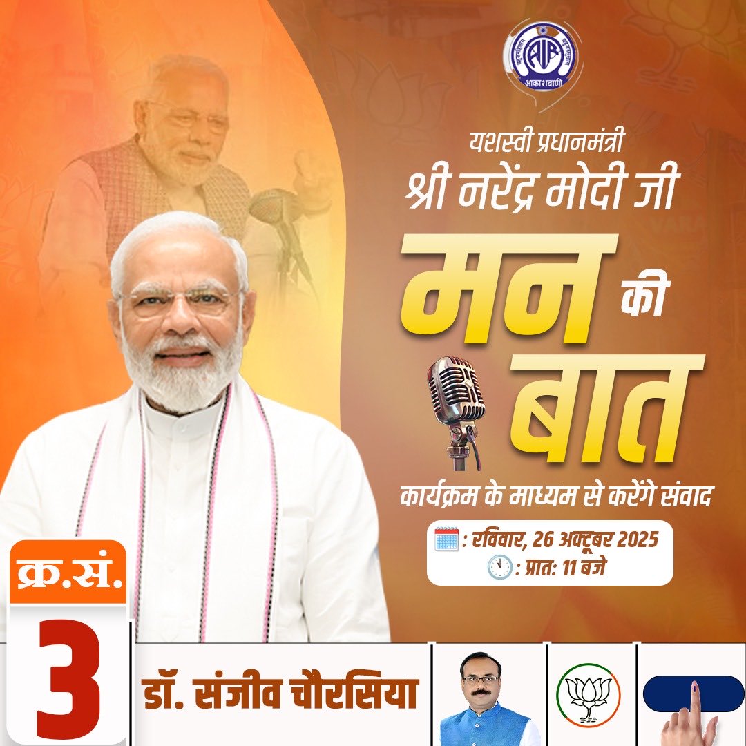 schaurasiabjp's tweet photo. मन की बात🎙️🇮🇳
रविवार, 26 अक्टूबर 2025 | 🕚 प्रातः 11 बजे
#मनकीबात #ModiWithPeople #DrSanjeevChaurasiya #दीघाकाविश्वास #BJP #NDA #VikasKaSafar https://t.co/J41kGSSBCm