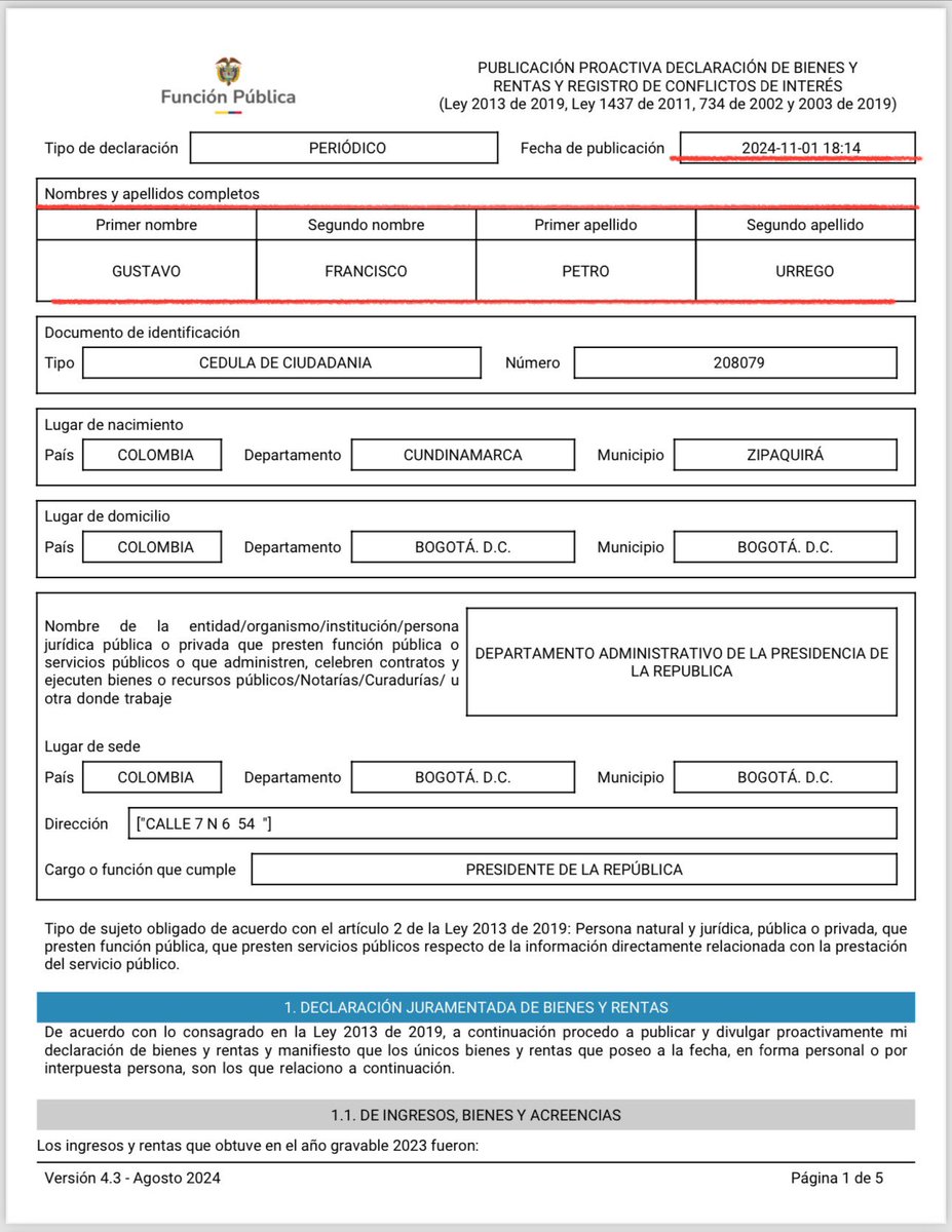Danielbricen's tweet image. Es falso que Petro y Veronica Alcocer se hayan “separado hace años” como lo dice Petro. 

En la declaración de conflictos de interés del 1 de noviembre de 2024 Petro declaró que Veronica Alcocer era su cónyuge.

Entonces, Petro le miente al país o falsifica el reporte.