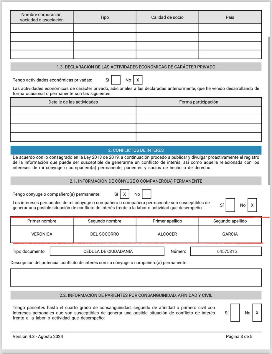 Danielbricen's tweet image. Es falso que Petro y Veronica Alcocer se hayan “separado hace años” como lo dice Petro. 

En la declaración de conflictos de interés del 1 de noviembre de 2024 Petro declaró que Veronica Alcocer era su cónyuge.

Entonces, Petro le miente al país o falsifica el reporte.