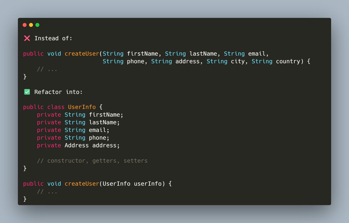 mario_casari's tweet image. 💡 Java tip: Avoid excessive number of method parameters. Group related values into objects. #Java #Refactoring