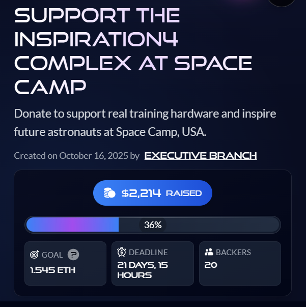 OfficialMoonDAO's tweet photo. We are 36% of the way to our goal with 21 days to go! That is HUGE! We are making great strides. Thanks so much to @aparrisx for the generous contribution to support Space Camp! ❤️ @juiceboxETH https://t.co/EoDOXx091f