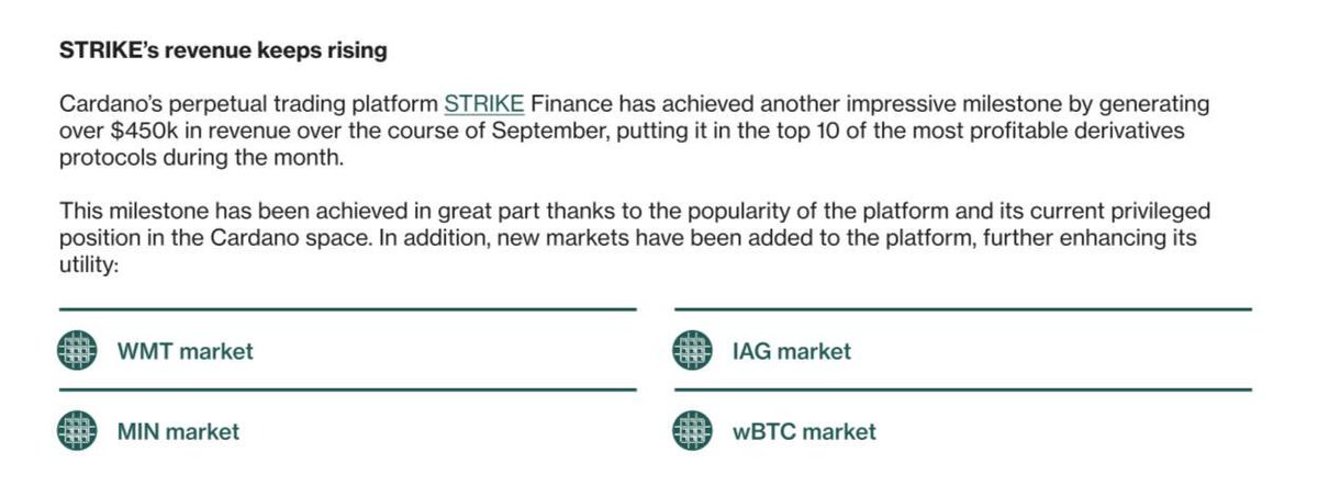 Waffle Capital just released their monthly report, here’s what they had to say about us👇

“Strike Finance has achieved another impressive milestone by generating over $450k in revenue over the course of September, putting it in the top 10 of the most profitable derivatives