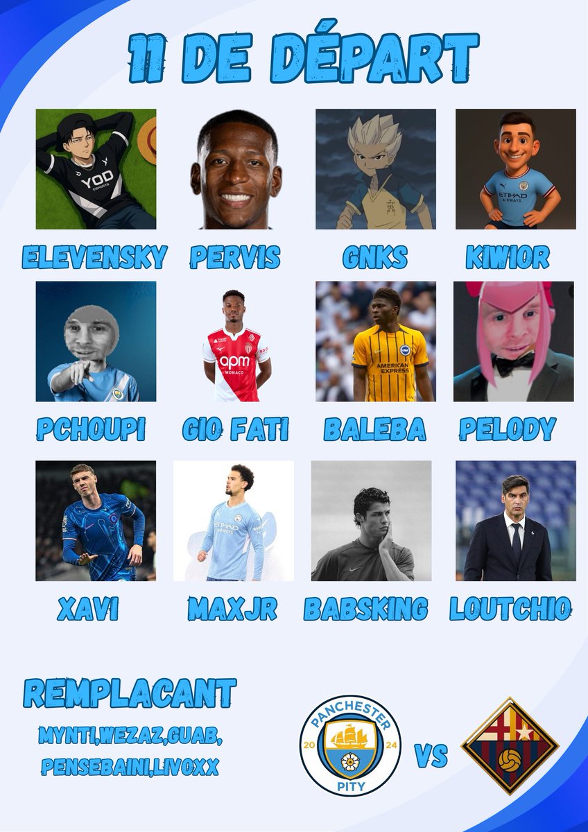 🔥Matchday 20h🔥
Voici le 11 aligné par loutchio👨‍💻 pour le match de se soir contre le varca 
Premier titularisation pour gio fati et maxjr avec le club 
Come on Pity 🚢