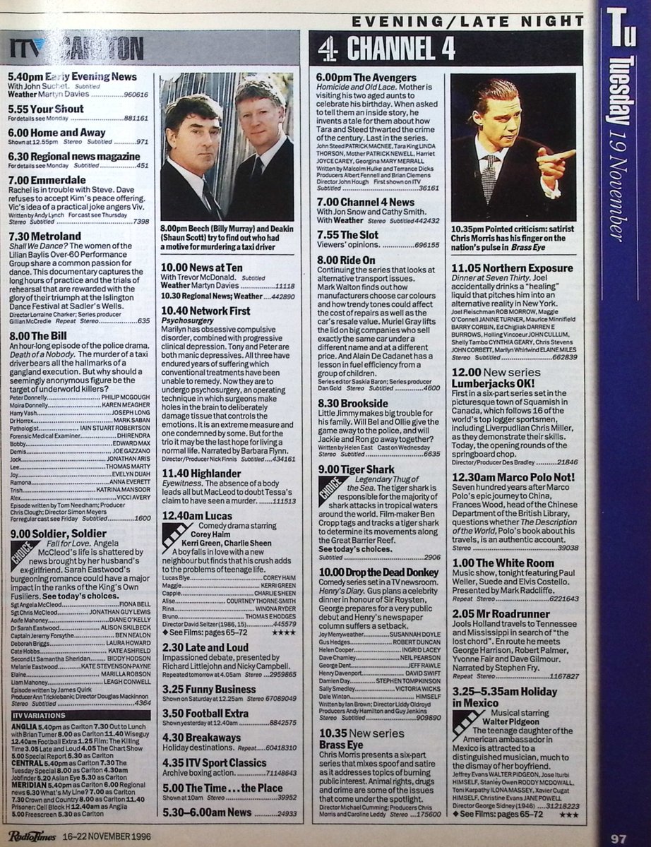 TvDidYouSee's tweet photo. #OnThisDay 19 November 1996 📺TV Listings
Beech and Deakin take centre stage in an hour-long special episode of #TheBill.
The first episode of #ChrisMorris satire #BrassEye is scheduled (but pulled at the last minute).
#GrahamNorton guests on #NeverMindTheBuzzcocks. https://t.co/Hp0kacVL3u