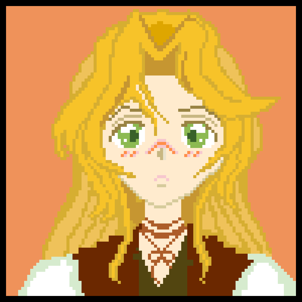 100×100ピクセル(10倍に拡大)の
みつめてナイトの
レズリー・ロピカーナさんのドット絵です。

自分でも似ていると言い切れませんが、
いい感じの表情になったと思います。

50×50は自分にとっては
難易度が高かったみたいです。