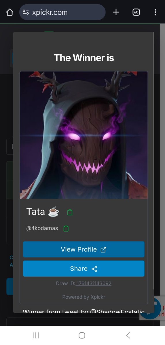 Great turnout. Thank you everyone that participated 🤝

Let's see who a FORTNITEMARE skin of their choice 🥁

🏆 And The Winner Is 🏆

Congrats .<a href="/4kodamas/">Tata ☕</a> you won! 🎉

Reach out to .<a href="/abdxlhxsxxb1/">abdxlhxsxxb</a> to claim your prize 👏

Cheers🤘

Draw ID: 1761431143092