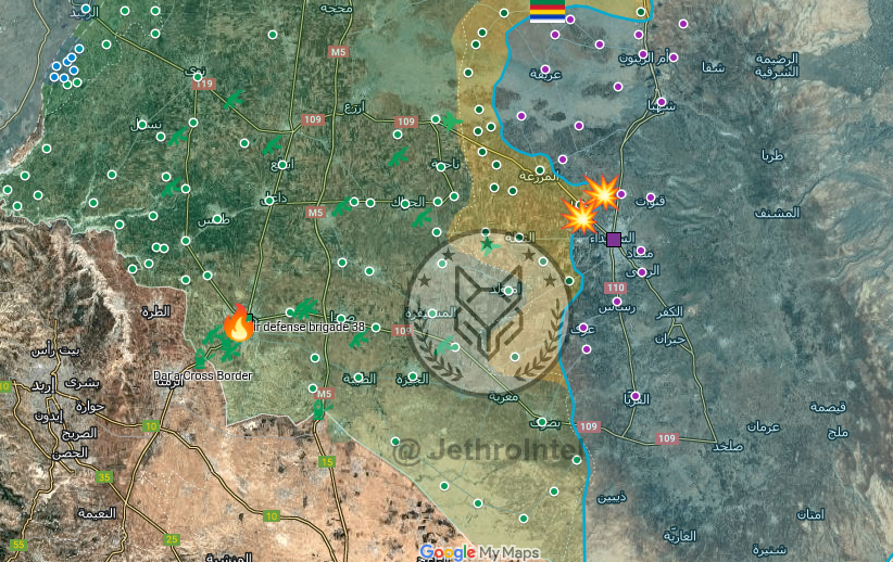 jethrointel's tweet photo. #SouthSyria #Daraa #Sweida #Escalation

Israel targeted 132nd Brigade w. of Daraa City

Heavy shelling reported on #Sweida by HTS-MoD  positioned in #Wulgha

while National Guard repels their movements near #Atil

Acc. to Al Jazeera armed factions in south are linked to #ISIS https://t.co/NwWCidDwYT