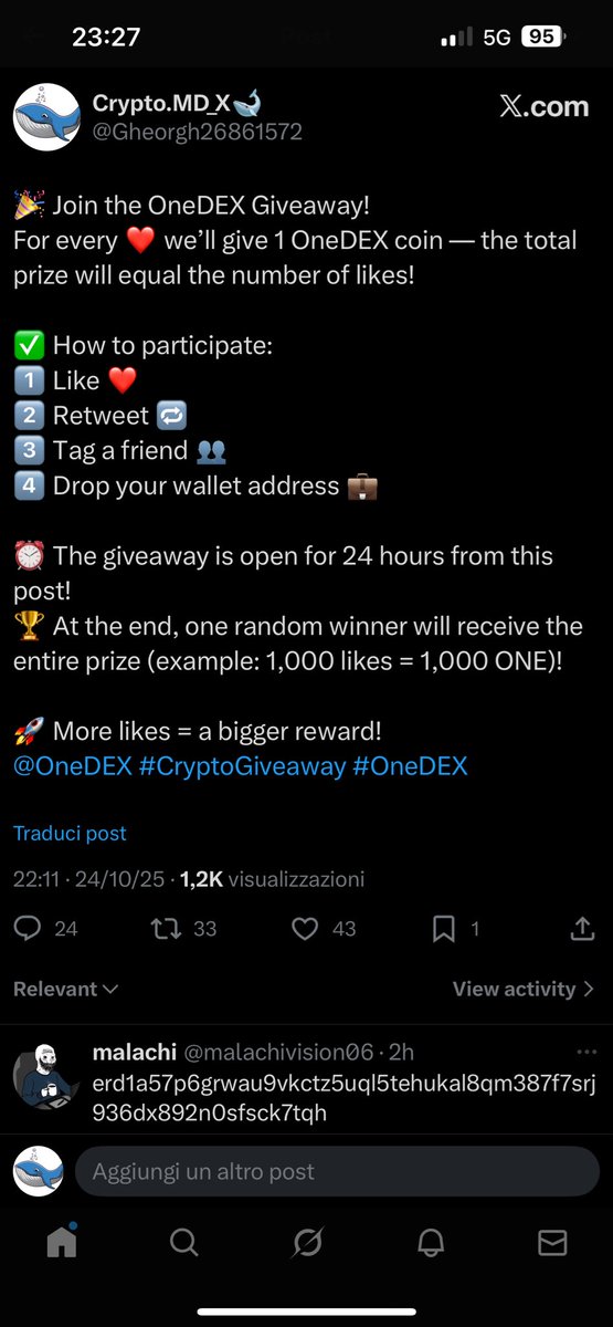 🎉 One Giveaway Results! 🎉

As promised, I organized a giveaway where I said I would reward one person based on the number of likes my post received — giving away that many One tokens. 🔥

The post gathered 43 likes, but instead of choosing just one winner, I decided to reward