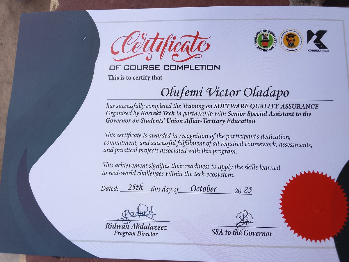 victor4femi's tweet image. I&apos;m Thrilled to Announce a New Milestone in My Tech Journey! 💻✨
I’m excited to share that I’ve officially earned my Software Quality Assurance (SQA) certification! 🎉
Over the past three weeks, I had the privilege of participating in the Software Quality Assurance Bootcamp
