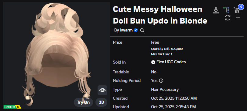 Xh0PlUgc's tweet image. 📣Kwarm has already released this free hair (and this hair will be via code)
📦Stock: 500
➡️roblox.com/catalog/122895…
➡️roblox.com/games/15108736…
#Roblox #RobloxDev #RobloxFreeUGC #RobloxUGCLimited