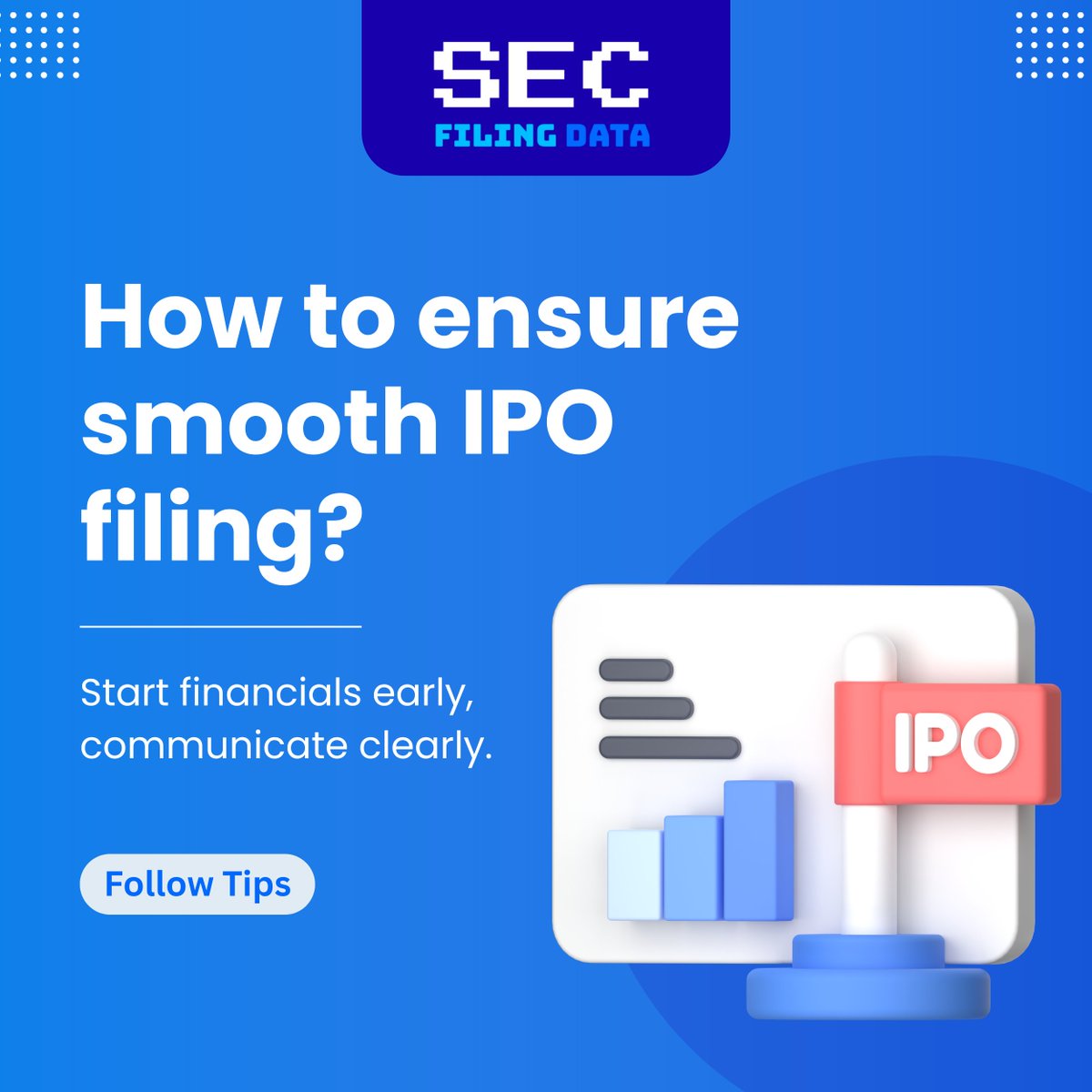 secfilingdata's tweet image. How to ensure smooth IPO filing? Begin financial preparations early and maintain clear communication. Follow Tips: secfilingdata.com/how-does-a-com…

#IPOFiling #FinancialReadiness #ClearCommunication #SECFilings #IPOProcess #CorporateStrategy #InvestorRelations