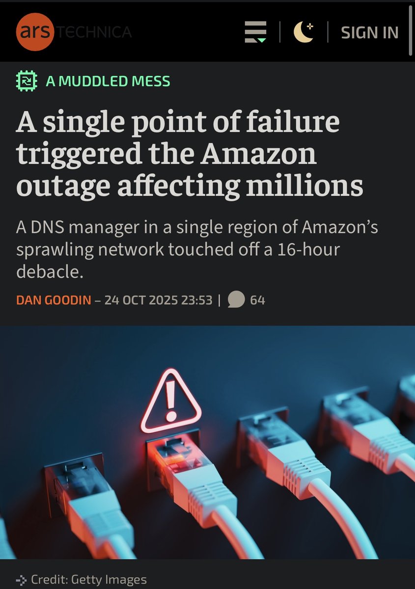 Pirat_Nation's tweet image. A single point of failure caused the Amazon outage, impacting millions.
A DNS manager in one region of Amazon’s vast network triggered a 16-hour disruption.