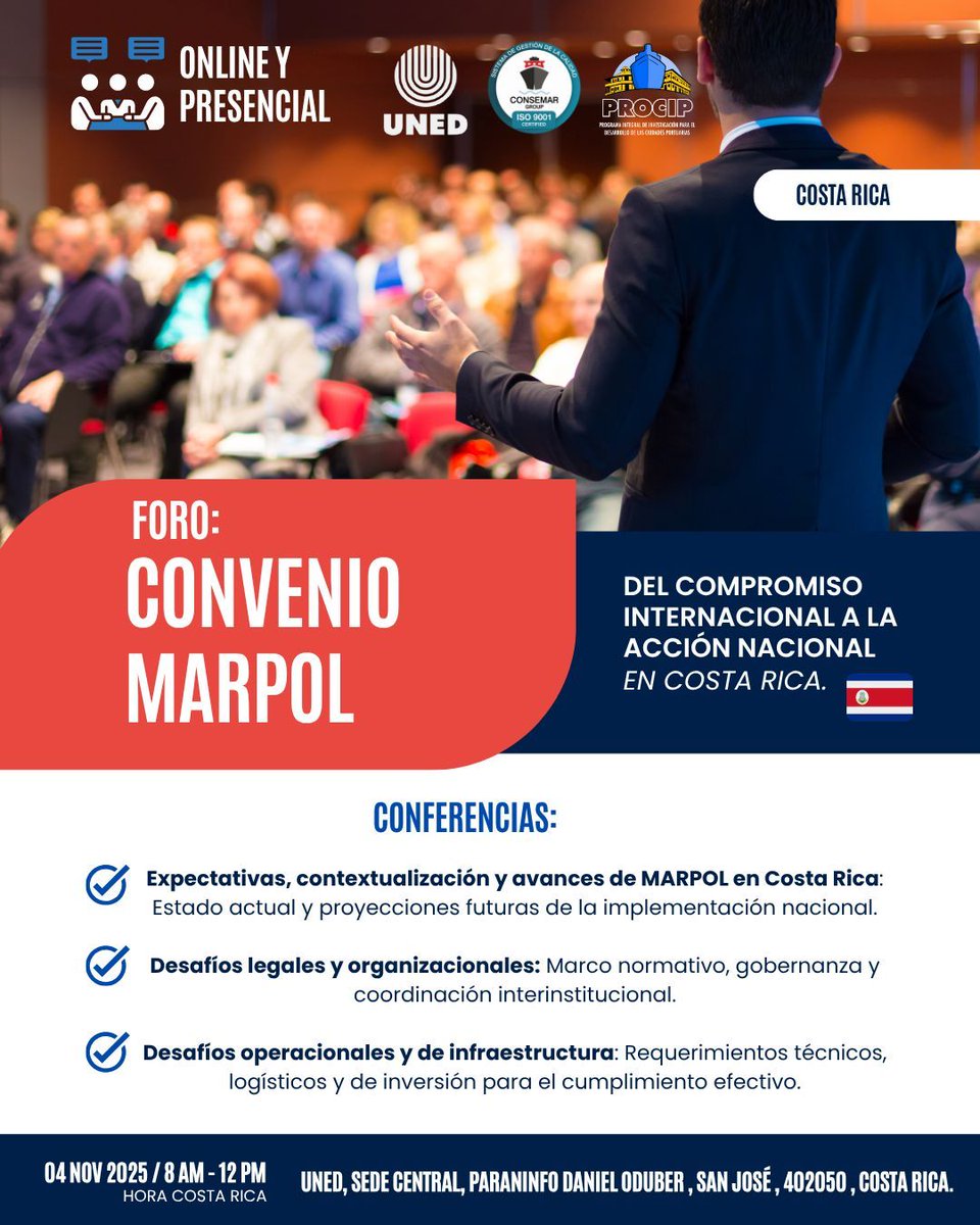 consemargroup1's tweet image. 🌊 Protegiendo los océanos, fortaleciendo el conocimiento.

Participa en el Foro: Convenio MARPOL  Del Compromiso Internacional a la Acción Nacional en Costa Rica. Organizado por UNED, PROCIP y Consemar Group. 🌍

#ForoMARPOL #OceanProtection #ConsemarGroup  #MaritimeAwareness