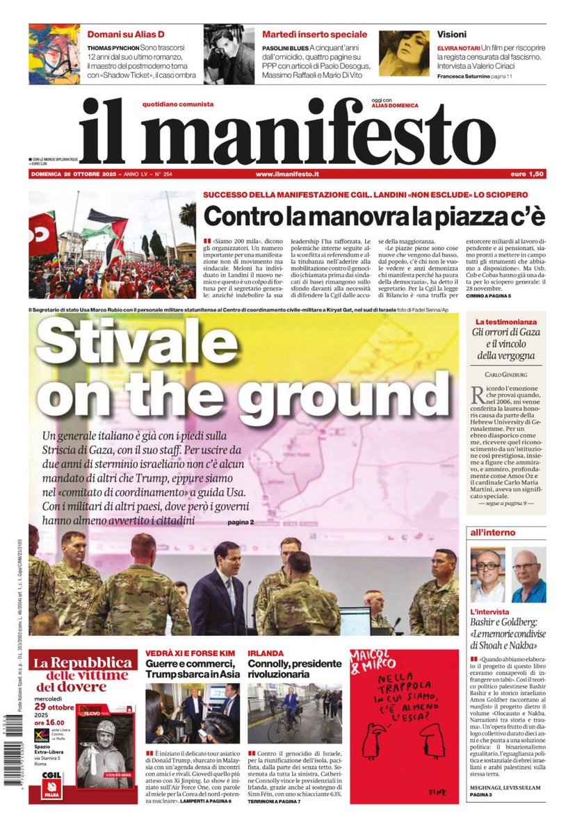 Un generale italiano è già con i piedi sulla Striscia di Gaza, con il suo staff. Per uscire da due anni di sterminio israeliano non c’è alcun mandato di altri che Trump, eppure siamo nel «comitato di coordinamento» a guida Usa. Con i militari di altri paesi
#26ottobre