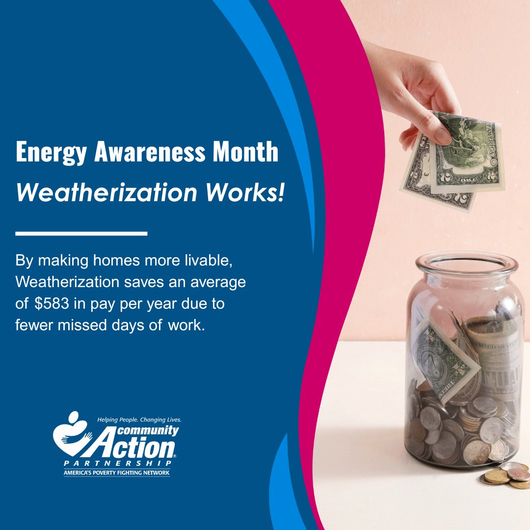 CAPartnership's tweet image. By making homes more livable, #Weatherization saves an average of $583 in pay per year due to fewer missed days of work. #EnergyAwarenessMonth #WeatherizationWorks