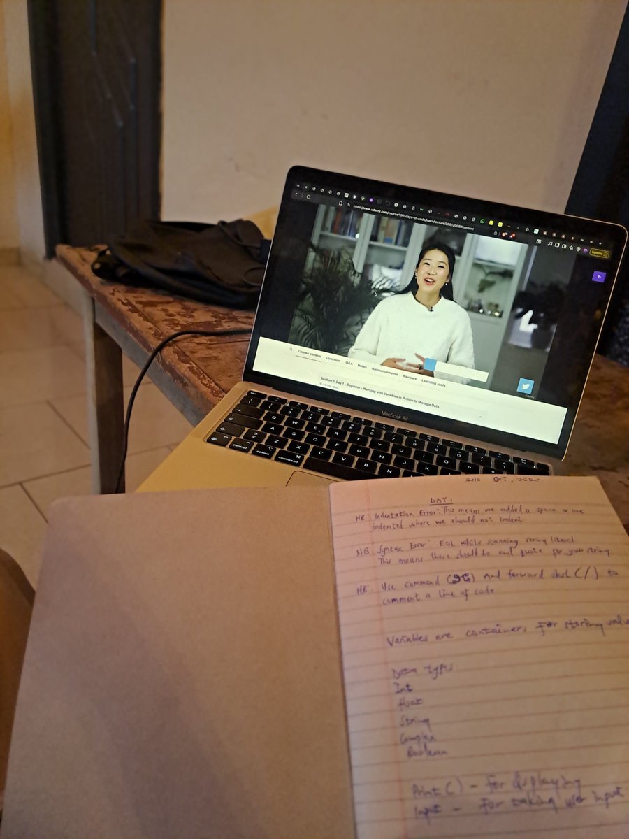realkellygee_'s tweet image. DAY 1 /100 
I’m super excited to start my journey into Python with Dr. Angela Yu’s 100 Days of Code: The Complete Python Pro Bootcamp on Udemy! 🐍💻 . I learnt about variables, data types, input function and the print function. #pythroadmap  #AI #python #programming #tech