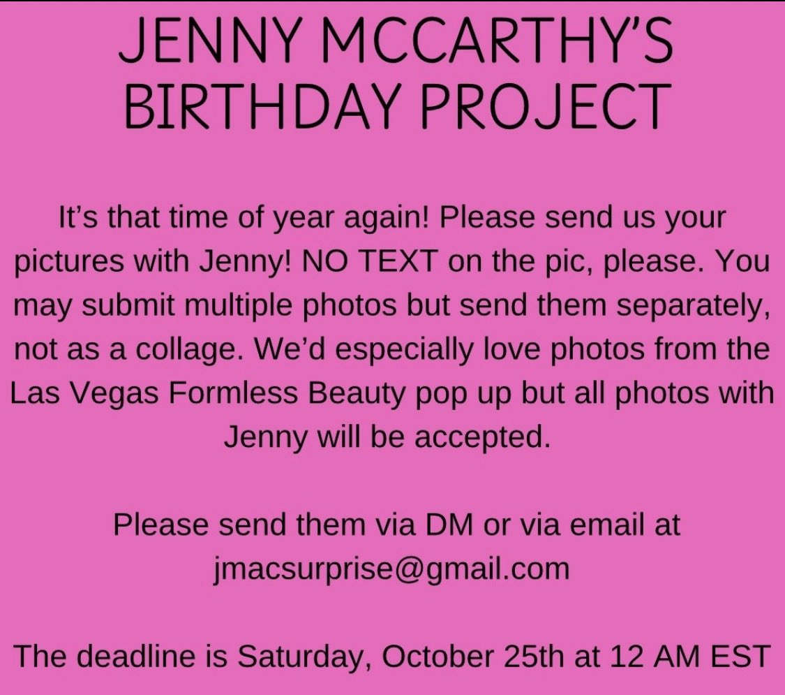 Happy Saturday everyone. One last reminder that tonight is the last night we will be accepting photos of you with Jenny for this year’s birthday gift.  You can either DM or email us the photos (you can submit more than 1 if you have especially from the Vegas this summer) thanks