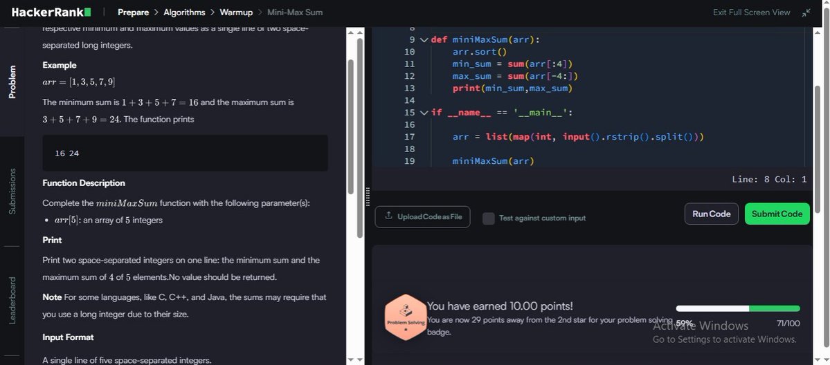 MRout75802's tweet image. Day 34/100 ✅
💡 Challenge: Mini-Max Sum
Learned how to:
🔹 Sort an array and find cumulative sums
🔹 Use slicing for min & max combinations
🔹 Handle large integer sums efficiently
#Python #100DaysOfCode #HackerRank #ProblemSolving #CodingJourney #zigbee