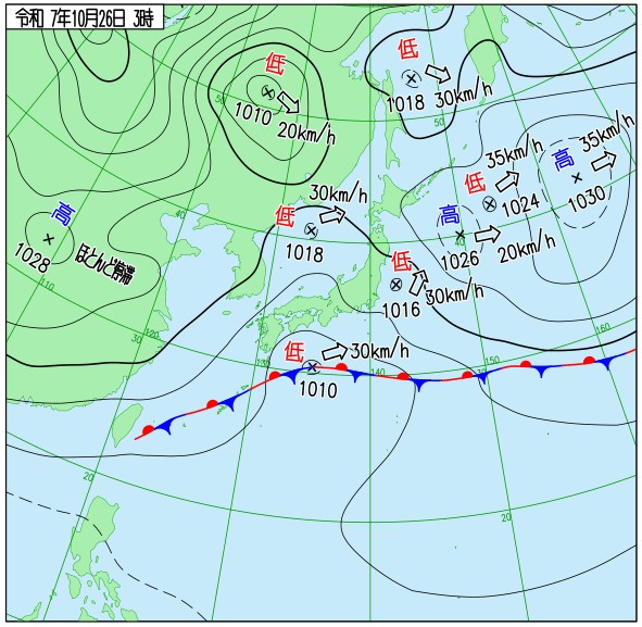 jr3rdh's tweet image. おはようございます。
10月26日 日曜日
03:00の天気図です。
こちらは曇り、朝6時の外気温18.5℃、湿度84.1%です。
低気圧に囲まれて気圧の谷に、不安定な天候となりそうです。
ご安全に、良い日曜日をお過ごしください。