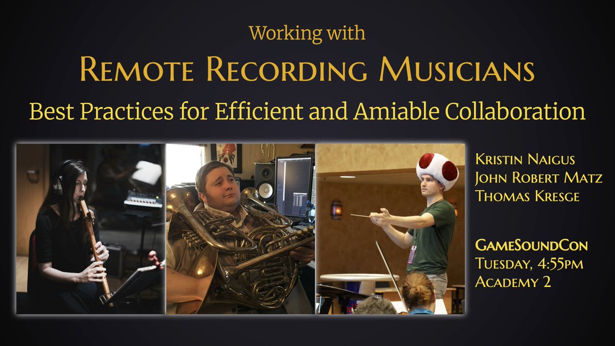 Tuesday at GameSoundCon: I'll be joined by the prolific talents that are <a href="/JohnRobertMatz/">John Robert Matz</a> and <a href="/field_of_reeds/">Kristin Naigus 🎙🪈</a> to talk about the many simple steps you can take when working with remote musicians to save everyone time, money, and friendship.