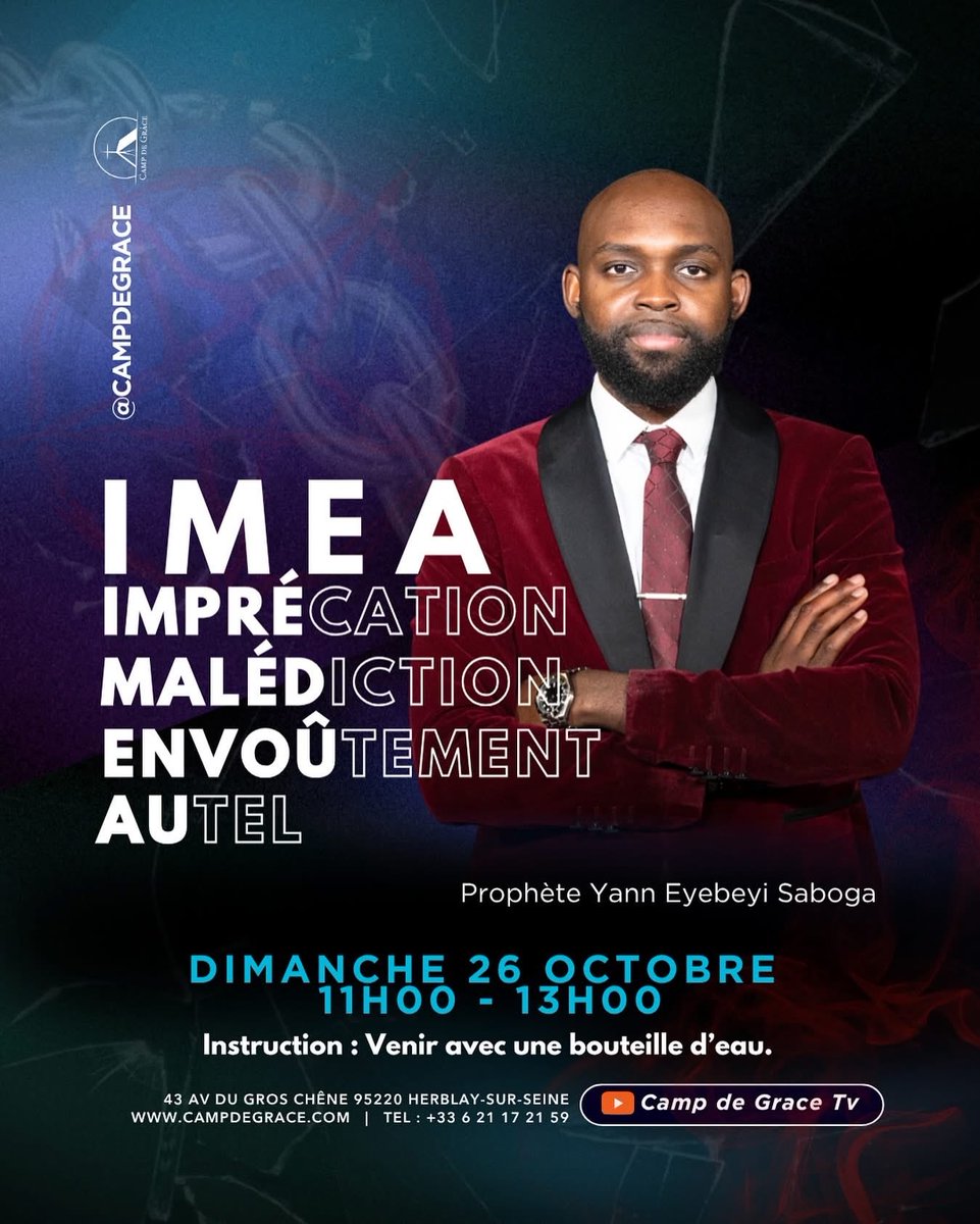 Ce dimanche, nous serons enseignés par le Prophète Yann Eyebeyi Saboga sur le thème « IMEA » 🔥⛓️‍💥

📅 Dimanche 26 Octobre 
🕚 11h00 – 13h00
📍 43 Av. du Gros Chêne, 95220 Herblay-sur-Seine
📺 En direct sur Camp de Grace Tv

Ne manque pas ce moment ✨