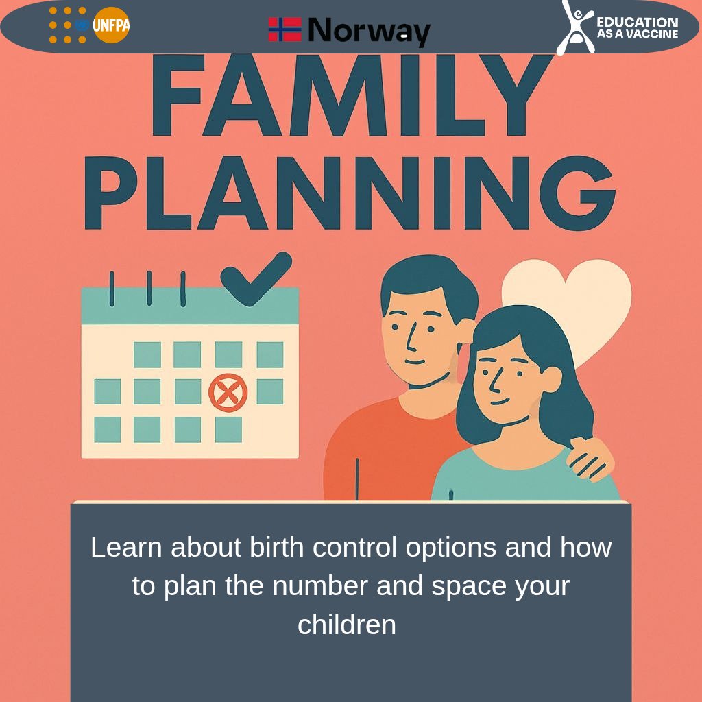 🧠 Family Planning: Learn. Decide. Thrive.
Family planning empowers you to choose when and how many children to have— safely and confidently.

✅ Learn about birth control options  
✅ Plan the number and spacing of your children  
✅ Protect your health and future

#SRH4U