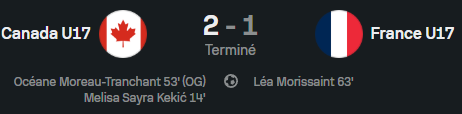 fenottes's tweet photo. [Sélection - coupe du monde U17]
Canada 🇨🇦2-1🇫🇷 France 
 #Moreau-Tranchant a joué tout le match et malheureusement marqué contre son camp.
 #Fathallah a joué tout le match.
 #Marmillot a joué la première mi-temps
 #Lambert était sur le banc. https://t.co/IUryxCUPQH