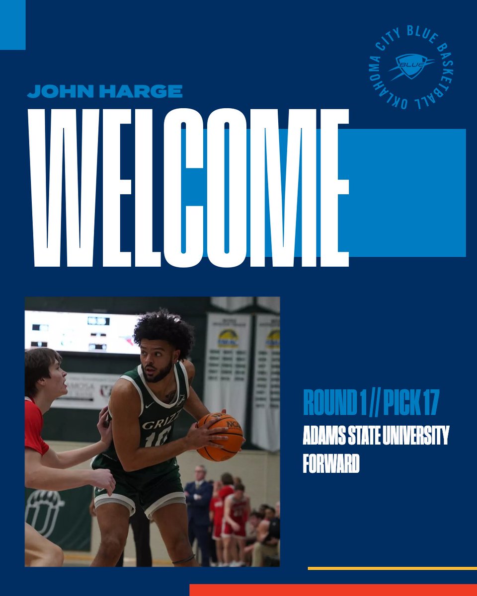 okcblue's tweet image. The Oklahoma City Blue has selected forward John Harge (Pick #17 overall) from @adamsstate in the 2025 NBA G League Draft
