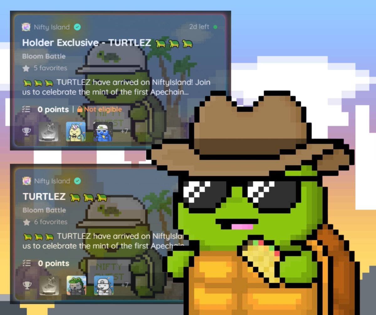 📢 <a href="/TurtlezDotFun/">TURTLEZ</a> Quest on <a href="/niftyisland/">Nifty Island 🏝</a> is still LIVE! 

Earn points by collecting Blooms through playing the specified games on selected islands for a chance to win massive rewards, including:

🏝️ 2x Iron Legendary Palms
🐢 10x Turtlez NFTs
🔫 Multiple Legendary Pistols
🌸 Lots