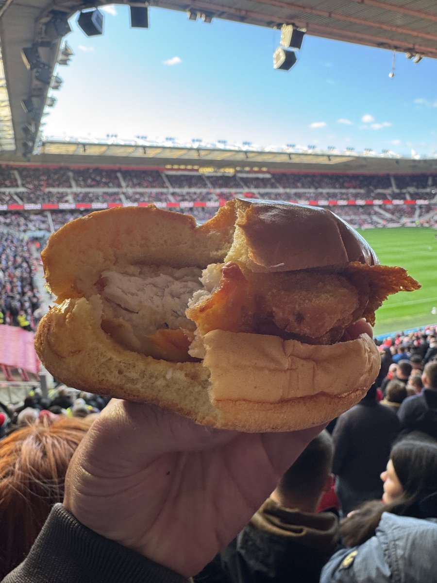 “Chicken Parmo” at Middlesbrough’s Riverside Stadium. A Teeside specialty, it is essentially a Chicken Parm with burnt (in a good way) cheese. Pie gets all the good press, but this was good as hell.