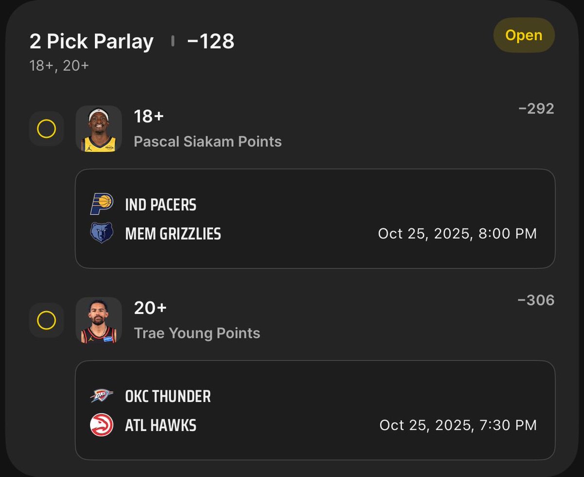 DataWagers_'s tweet image. 🪜NBA Ladder🪜 

Bet #2: $23.20 ➡️ $41.32

👉 Pascal Siakam 18+ points
👉 Trae Young 20+ points

-128 odds on @DKSportsbook 

#GamblingX #ladderbet #NBA