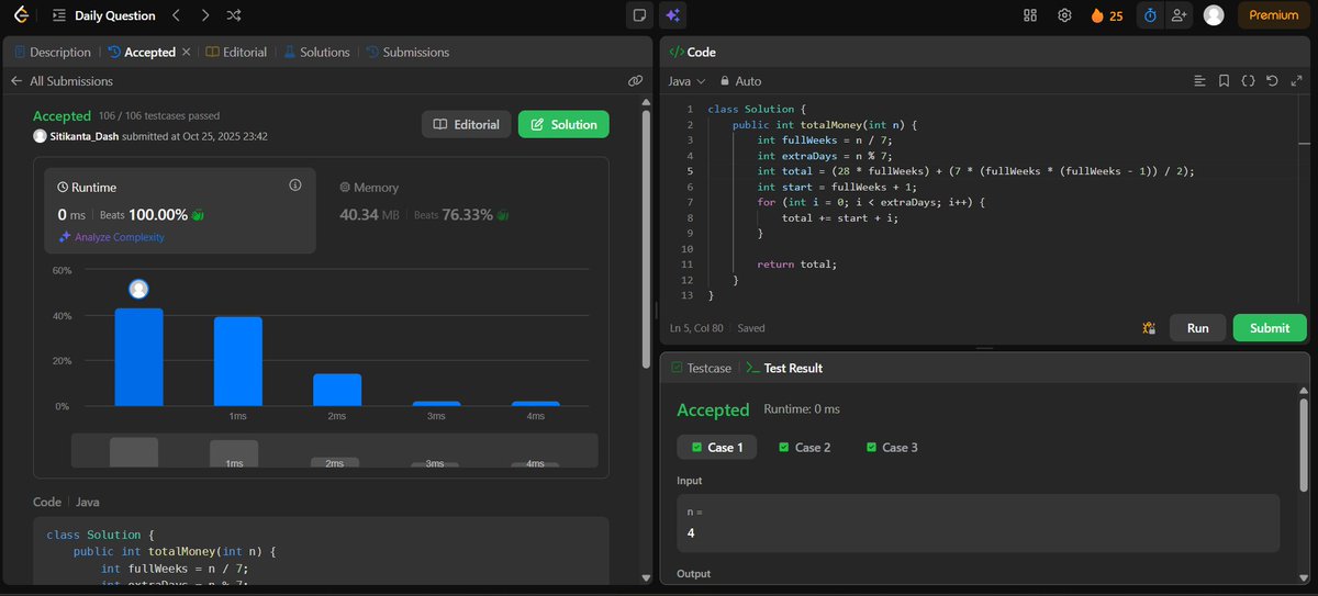 SitikantaDash's tweet image. Day 34 of #100DaysOfCode
LeetCode 1716 — Calculate Money in LeetCode Bank
Efficiently computed Hercy’s savings using arithmetic progression and modular logic to handle full and partial weeks.
#Java #LeetCode #DSA