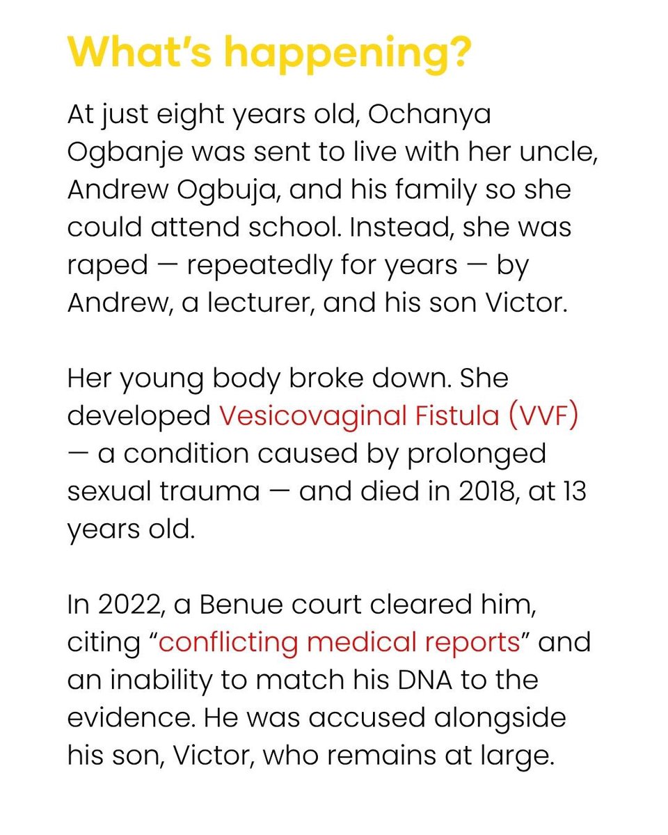 wearegst's tweet image. An 8-year-old girl was raped to death.
Her rapist, Andrew Ogbuja, walks free — and lectures at Benue State Polytechnic.
