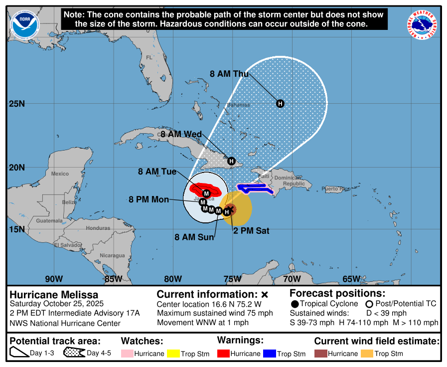 Boletín de Difusión Inmediata.
Huracán Melissa.
 
República Dominicana, Santo Domingo Este.                                                                Sábado 25 de octubre de 2025  2:00 p. m. 
 
SE FORMA EL HURACÁN MELISSA

Informamos que alrededor de las 2:00 p. m. de hoy