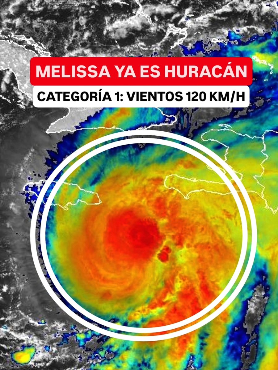 JeanSuriel's tweet photo. 🔴🔴ACTUALIZACIÓN | Melissa se ha convertido en el quinto huracán de la temporada ciclónica del 2025, alcanzando vientos máximos sostenidos de 120 km/h: se mantiene con trayectoria hacia el oeste-noroeste a 2 km/h.

⚠️En las próximas 24 horas se intensificará rápidamente en categoría 3 al sureste de Jamaica y de inmediato subirá a categoría 4, con vientos de 250 km/h.

⚠️Las bandas externas de Melissa continuarán en las próximas horas generando precipitaciones entre moderadas y fuertes en República Dominicana.

📌2:20 PM | 25.10.2025

✅️ https://t.co/WlQFg16F0S 
➡️ @AgendaClimatica
▶️ https://t.co/OBEFwktdiu