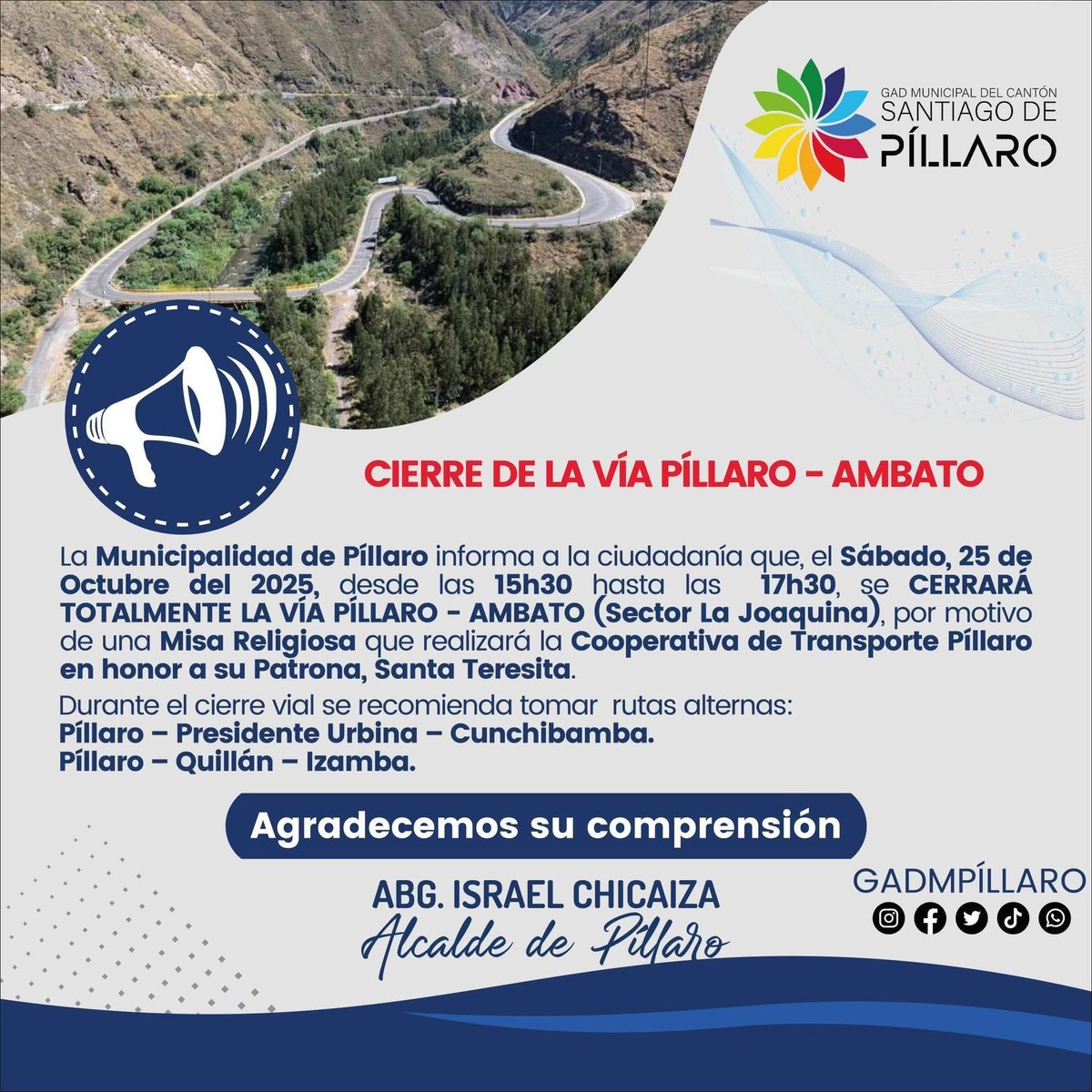 📍Tungurahua | El <a href="/gadmpillaro/">GADM Píllaro</a> informa el cierre temporal de la vía #Píllaro - #Ambato.

Rutas alternas:
✅ Píllaro - Urbina - Cunchibamba
✅ Píllaro - Quillán - Izamba

Más detalles ⤵️
facebook.com/share/p/1G6ZPa…

#ECU911BrindaSeguridadIntegral