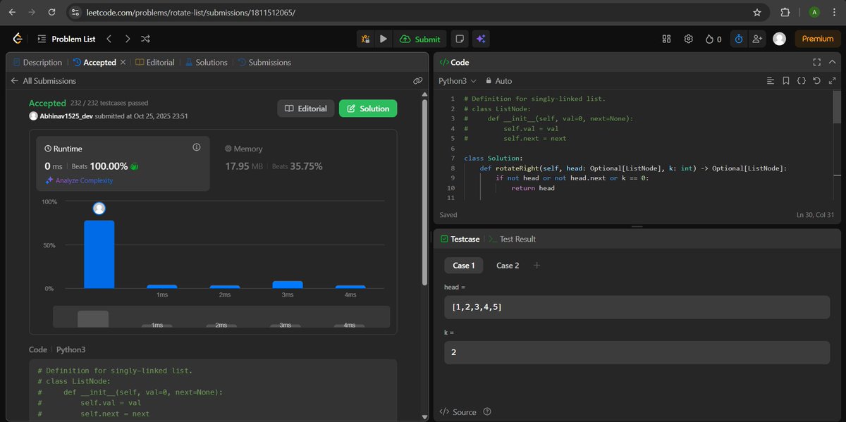 Abhinav1525_dev's tweet image. Day 6️⃣1️⃣ of #100DaysOfCode 💻
Solved LeetCode 61: Rotate List 🔁
Linked list rotations tested my pointer logic — once the links clicked, it all flowed smoothly ✅
#LeetCode #Coding #ProblemSolving #DSA #100DaysOfCode