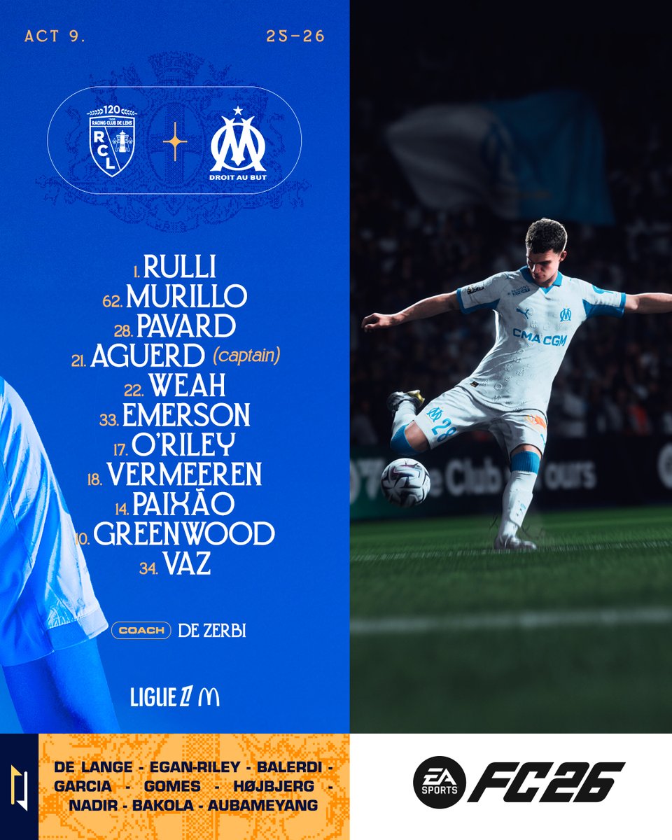 🅒🅞🅜🅟🅞 #RCLOM ⚔️

Le 1️⃣1️⃣ de départ établi par notre 𝗰𝗼𝗮𝗰𝗵 𝗥𝗼𝗯𝗲𝗿𝘁𝗼 𝗗𝗲 𝗭𝗲𝗿𝗯𝗶 🇮🇹 pour la 9ème journée de <a href="/Ligue1/">Ligue 1 McDonald's</a> ⚡️
Coup d'envoi à 21h05