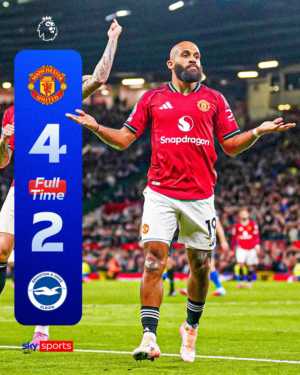 SkySportsPL's tweet photo. A late strike from Brighton’s Kostoulas wasn’t enough to stop Manchester United at Old Trafford, as Ruben Amorim secures his third win in a row! 🔥 https://t.co/3JuJ46F5W6