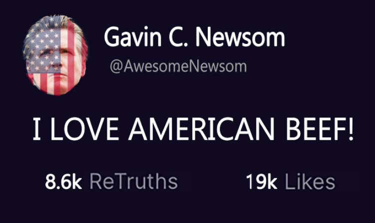 AwesomeNewsom's tweet image. WHERE'S THE (AMERICAN) BEEF, DONNY? I AM AMERICA'S FAVORITE GOVERNOR. YOU ARE ARGENTINA'S FAVORITE PRESIDENT. (SO SAD.)
